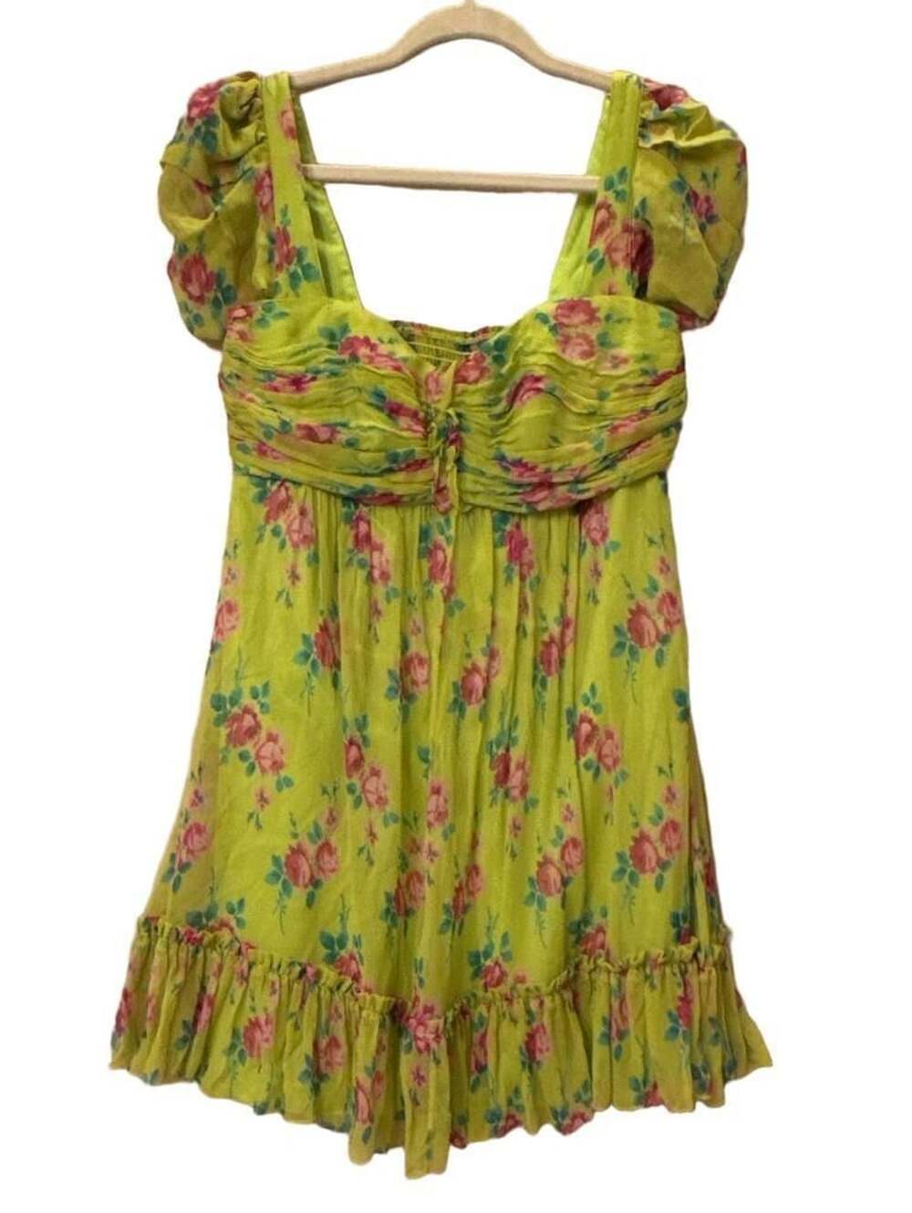 Betsey Johnson Y2K Silk Floral Ruched Puff Sleeve Babydoll Mini Dress